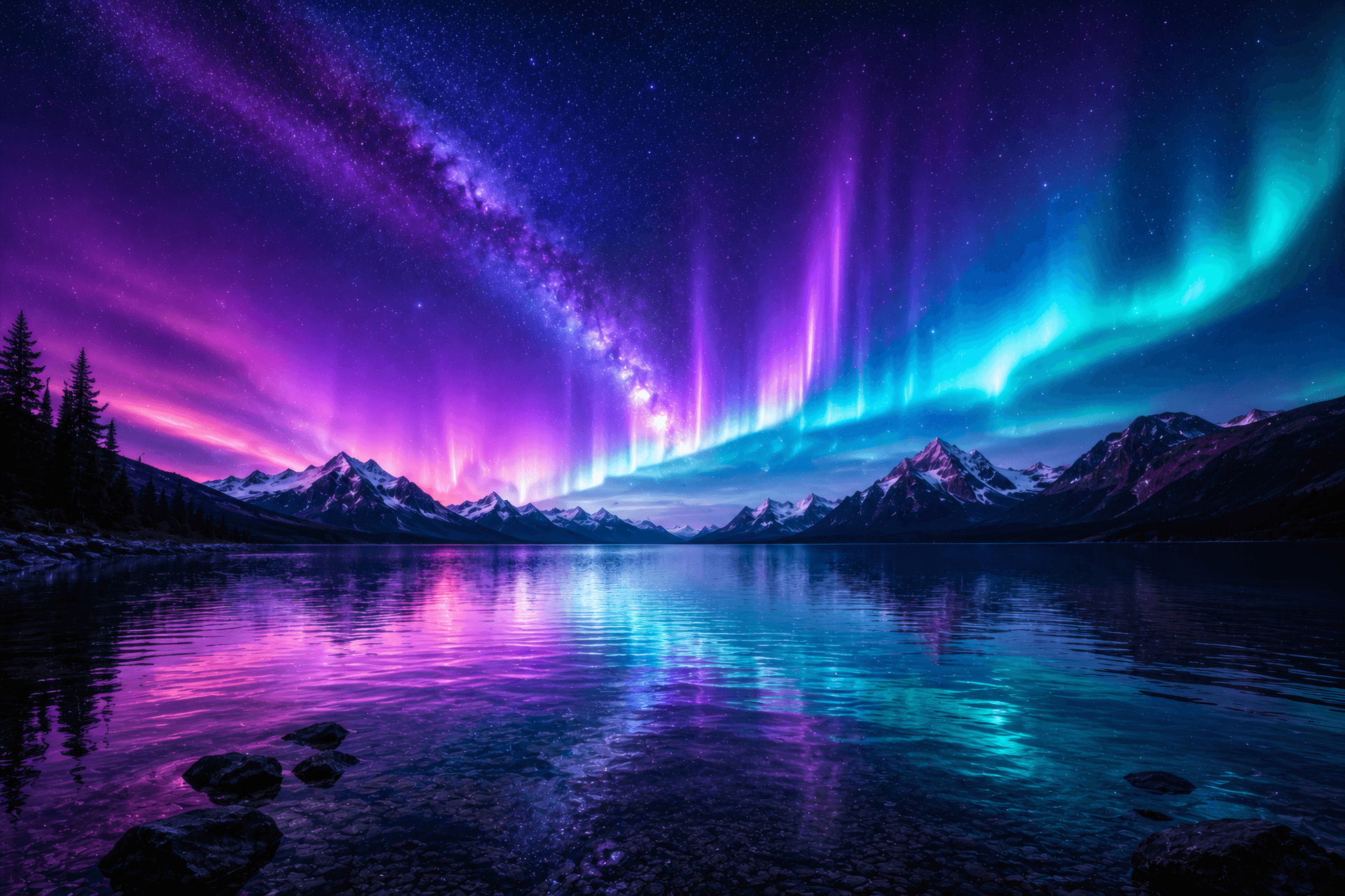 Aurora Over the Cosmos: A Mirror Reflection wallpaper preview