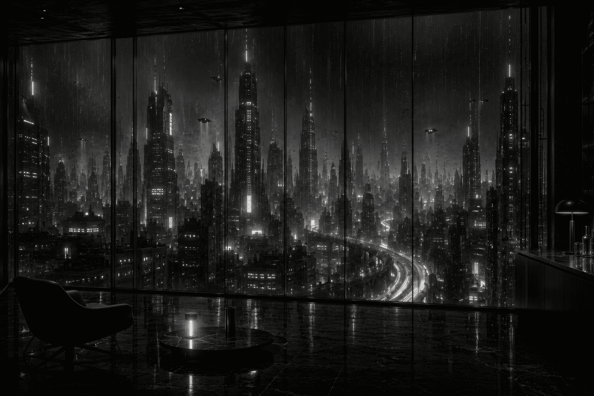 Monochrome Metropolis: The Rainy Horizon wallpaper preview