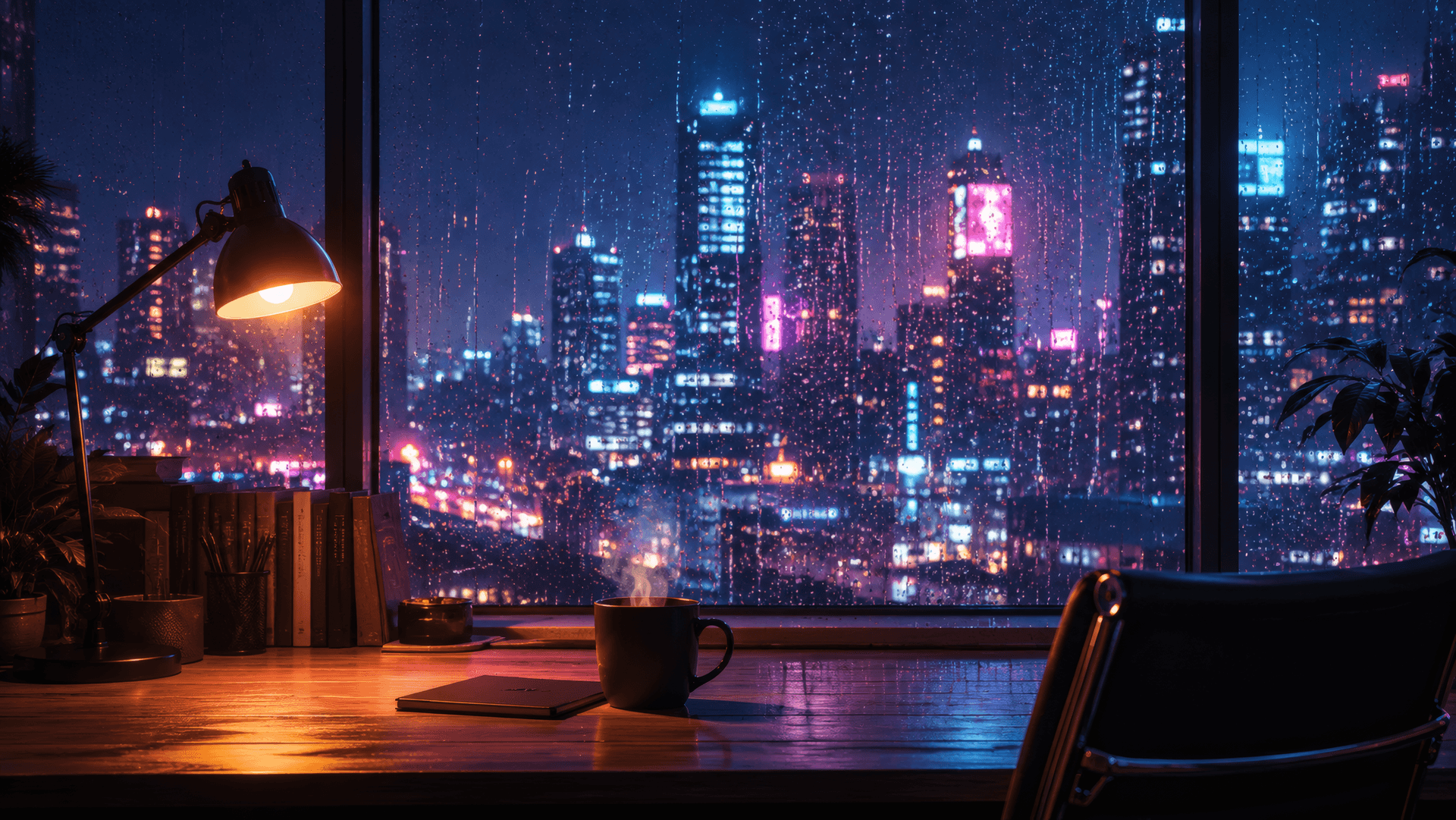 Neon Solitude: The Rain-Slicked Cyber Workspace wallpaper preview