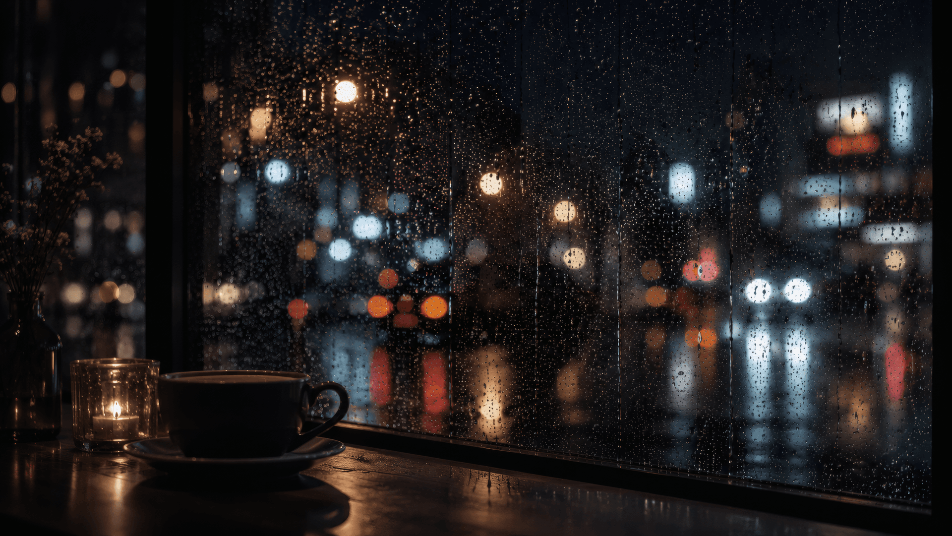 Amber Solace: The Rain-Slicked Midnight Cafe wallpaper preview
