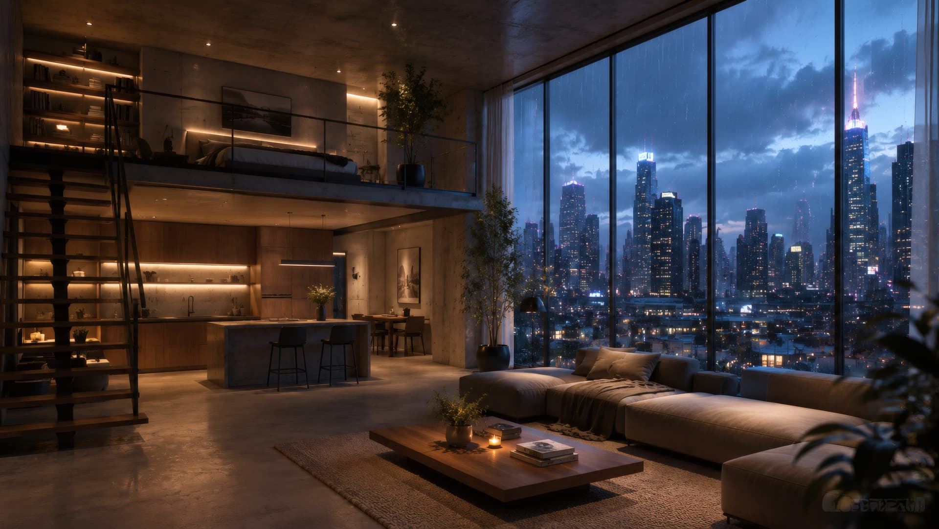 Rainy Cyberpunk Loft wallpaper preview